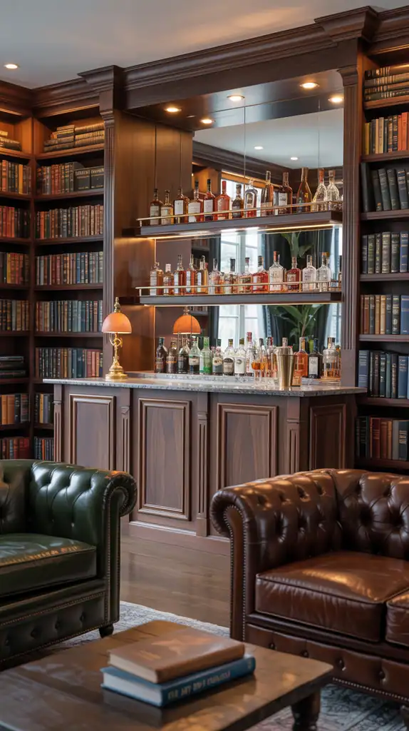 Home library with integrated bar area featuring dark wood shelves, comfortable seating, and cocktail station