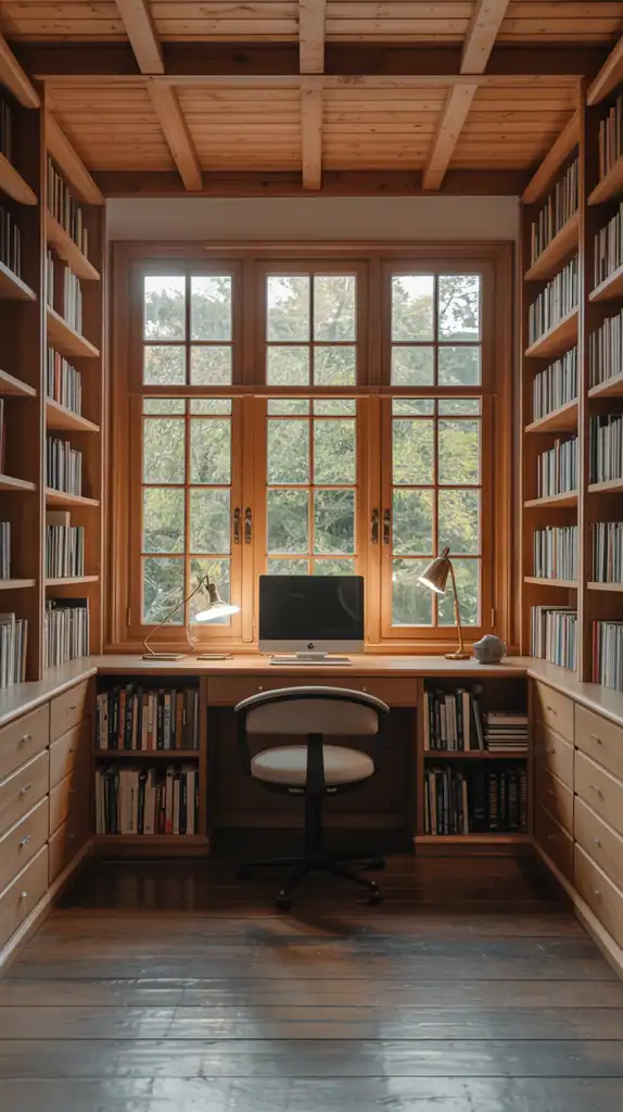 Home library with large windows overlooking forest, built-in bookshelves and central reading desk