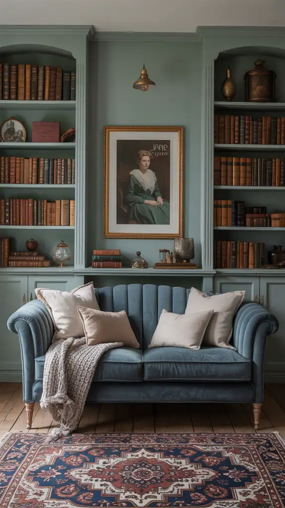 Home library with soft green walls, blue sofa, and white shelving creating a calming atmosphere