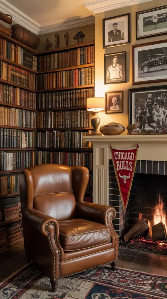 Home library with sports memorabilia integrated among books, team colors, and comfortable seating