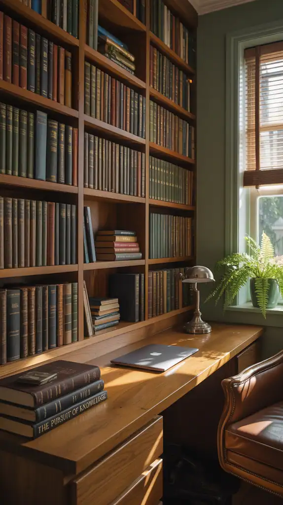 Home office with desk built into bookshelves creating a seamless workspace surrounded by books