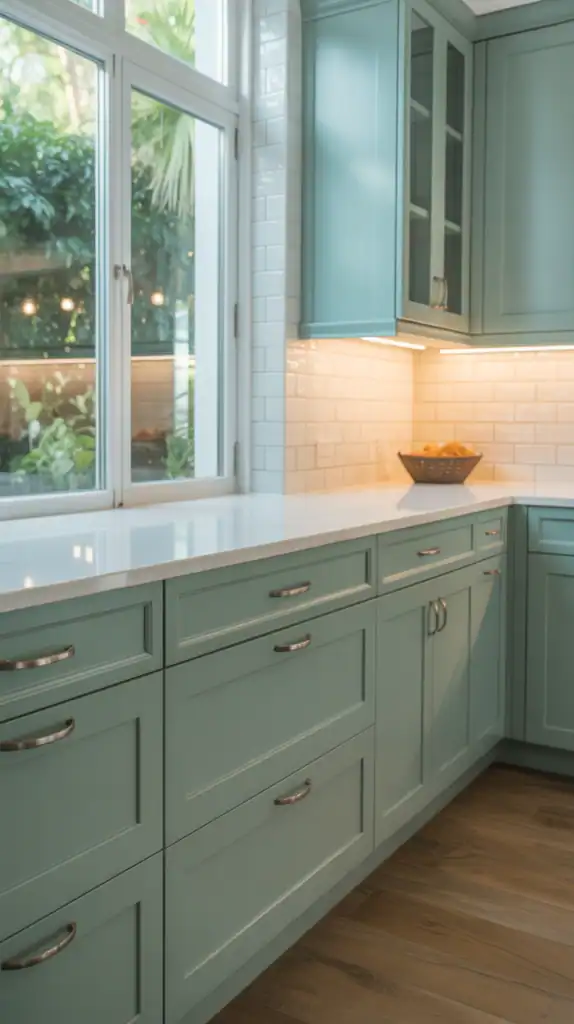 A photograph of a modern kitchen featuring seafoam green lower cabinets. The cabinets have a sleek, minimalist design with brushed nickel hardware and a matte finish, creating a soft contrast against the white quartz countertops. Above the cabinets, pristine white subway tiles extend to the ceiling, reflecting the natural light streaming in from a large window overlooking a lush garden. Warm, diffused lighting illuminates the scene, highlighting the refreshing coastal vibe of the kitchen.