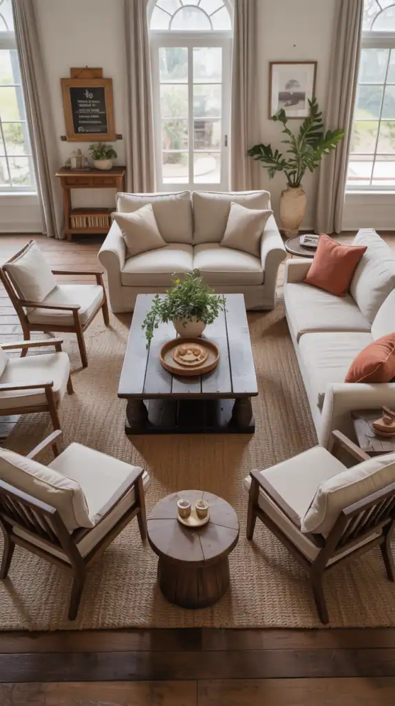 A bright, airy living room interior with large arched windows and natural light streaming in. The room features a neutral color palette with beige and white tones. A large L-shaped sectional sofa in light beige fabric sits against the wall, accompanied by two matching armchairs with dark wooden frames and cream-colored cushions. A dark wooden coffee table with a rustic, plank-style top serves as the focal point, with a round wooden side table positioned in front of it. The floor is covered with a natural jute area rug that extends to the seating area. A large potted palm plant in a beige ceramic pot sits near the window, adding greenery to the space. The hardwood flooring is visible at the edges of the rug. A black chalkboard sign hangs on the wall, and a black and white framed artwork is displayed. The room is decorated with terracotta throw pillows and a wooden tray with decorative items on the coffee table. The windows feature floor-length cream-colored curtains, and a wooden console table with shelving stands beneath the windows