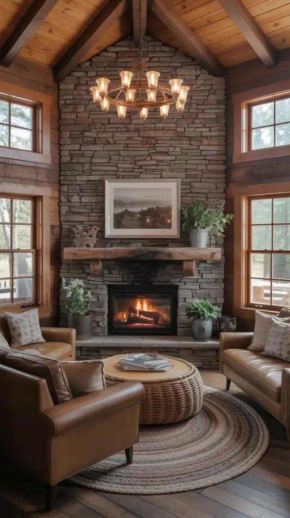 Rustic stone fireplace as the focal point in a cozy cabin living room with comfortable seating arranged around it