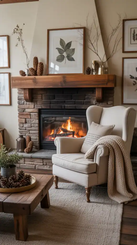 Cozy cabin living room decorated with nature-inspired elements like pinecones, branches, and botanical prints Cozy cabin living room decorated with nature-inspired elements like pinecones, branches, and botanical prints