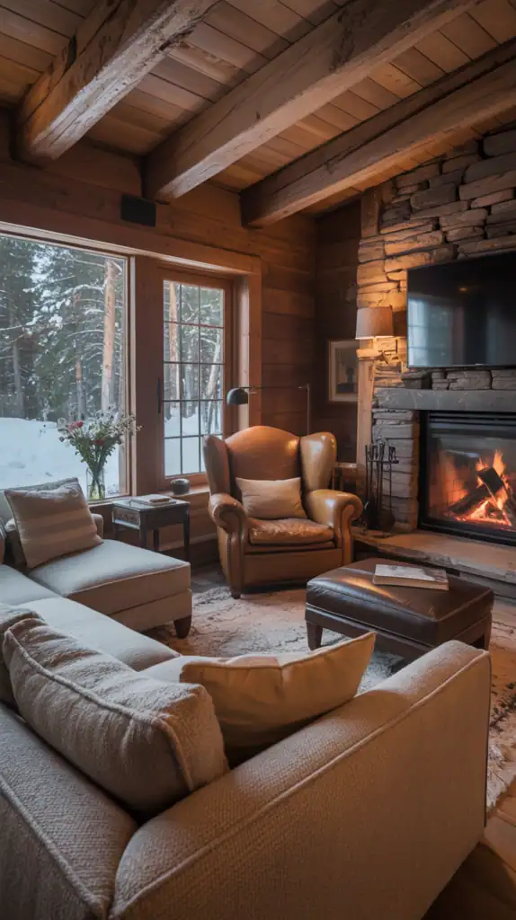 Cabin living room with deep, comfortable seating including a large sectional and oversized leather chair Cabin living room with deep, comfortable seating including a large sectional and oversized leather chair