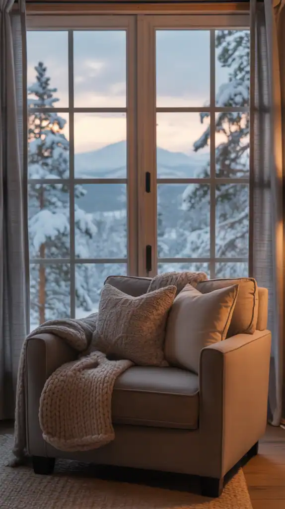 Cabin living room with simple, natural window treatments that frame scenic views while adding warmth Cabin living room with simple, natural window treatments that frame scenic views while adding warmth