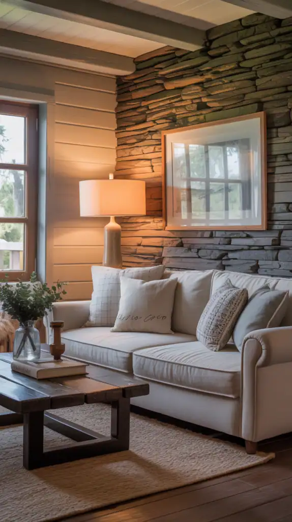 Cozy cabin living room with textured wall treatments including wood paneling, stone accents, and shiplap Cozy cabin living room with textured wall treatments including wood paneling, stone accents, and shiplap