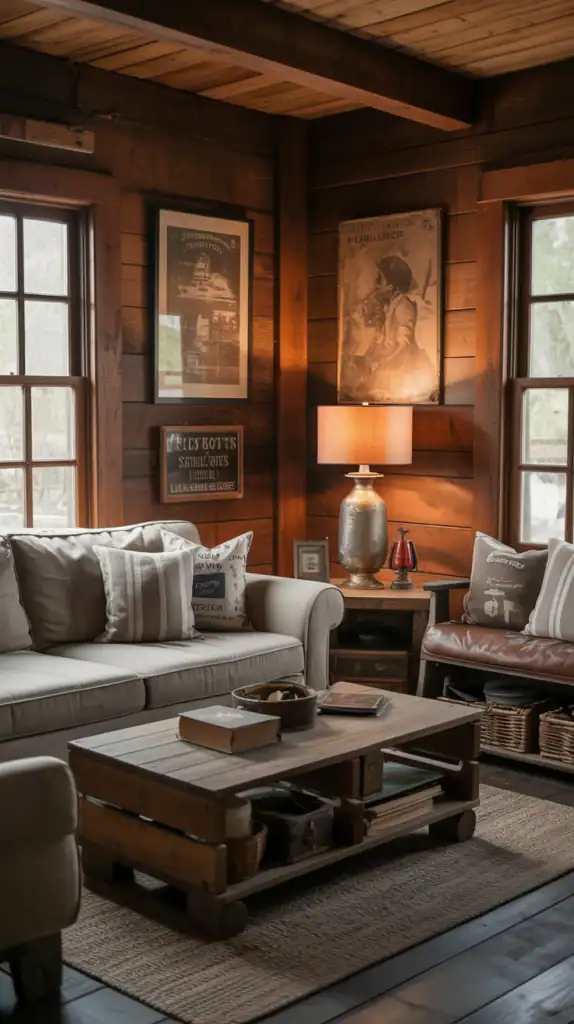 Cozy cabin living room with carefully selected vintage accents including antique lanterns, old books, and rustic signs Cozy cabin living room with carefully selected vintage accents including antique lanterns, old books, and rustic signs