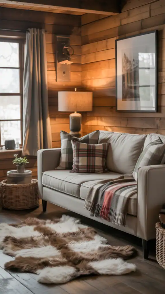 Cozy cabin living room with multiple layers of warm textiles including wool throws, plaid pillows, and a faux fur rug Cozy cabin living room with multiple layers of warm textiles including wool throws, plaid pillows, and a faux fur rug