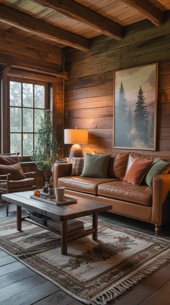 Cabin living room featuring a warm earth tone color palette with browns, greens, and rust accents Cabin living room featuring a warm earth tone color palette with browns, greens, and rust accents