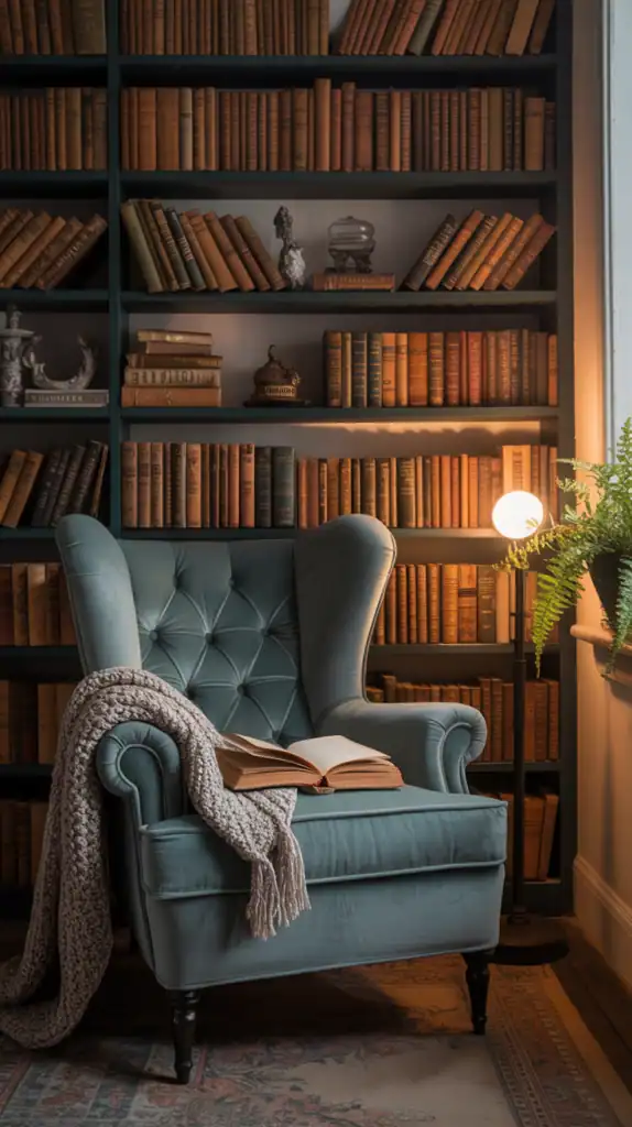 A cozy reading nook nestled in a well-organized bookshelf. Warm lighting casts a soft glow, illuminating the carefully curated book spines and knick-knacks. In the foreground, a plush armchair invites you to curl up with a good read. Framed by the bookshelf's shelves, the nook feels like a personal sanctuary, offering a quiet respite from the outside world. The middle ground showcases the bookshelf's elegant design, with clean lines and strategic placement of décor pieces. In the background, a window allows natural light to filter in, creating a serene and inviting atmosphere. The overall scene conveys a sense of harmony, comfort, and a love for the written word. Choosing the right bookshelves is key to making cozy reading nooks. Your bookshelf is more than furniture. It's the heart of your cozy space.