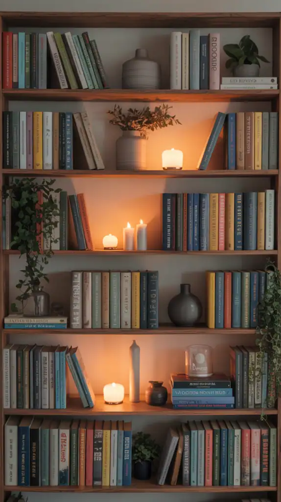 Beautifully arranged books on wooden shelves, meticulously organized by color, size, and genre. Warm, diffused lighting casts a cozy glow, highlighting the textures of the book spines. Tasteful decorative accents, such as plants, candles, and minimalist vases, add visual interest without distracting from the focal point - the thoughtfully curated book collection. The overall scene exudes a sense of harmony and effortless sophistication, inviting the viewer to curl up and lose themselves in the pages.