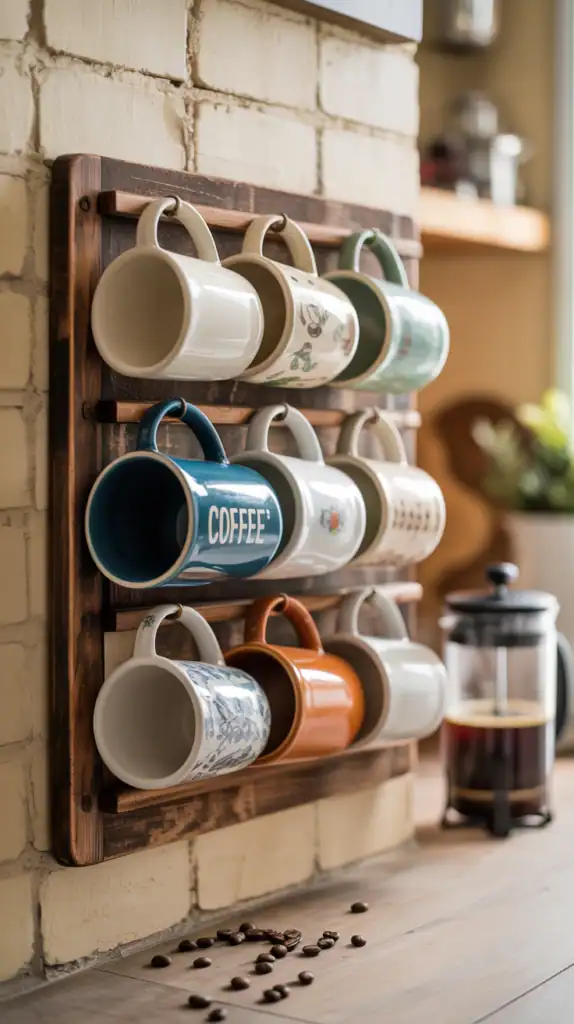 Vintage-inspired coffee mug rack for coffee station decor