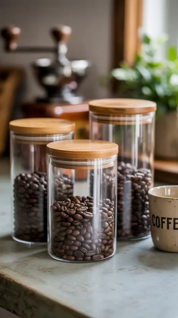 Glass coffee bean canisters with wooden lids for coffee station decor