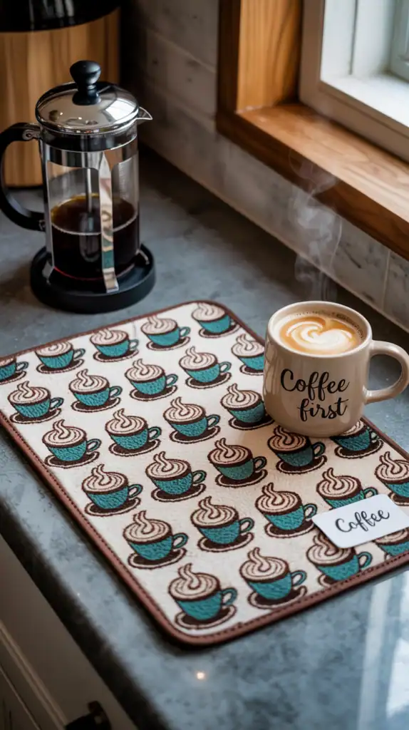 Absorbent coffee station mat with coffee-themed design