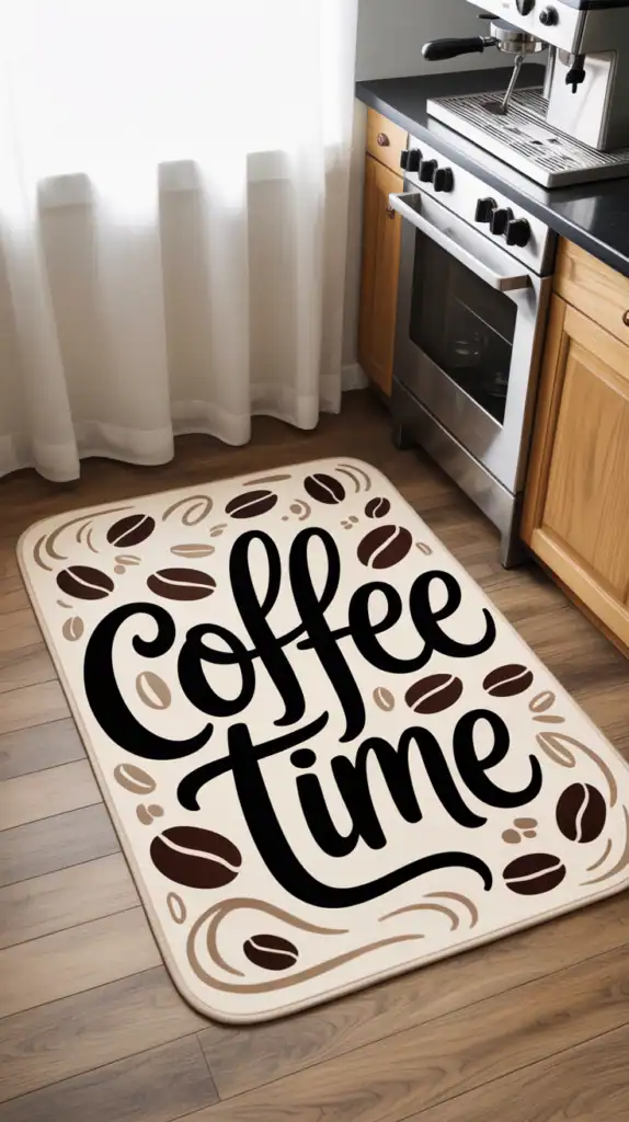 Small coffee-themed kitchen rug for coffee station floor decor
