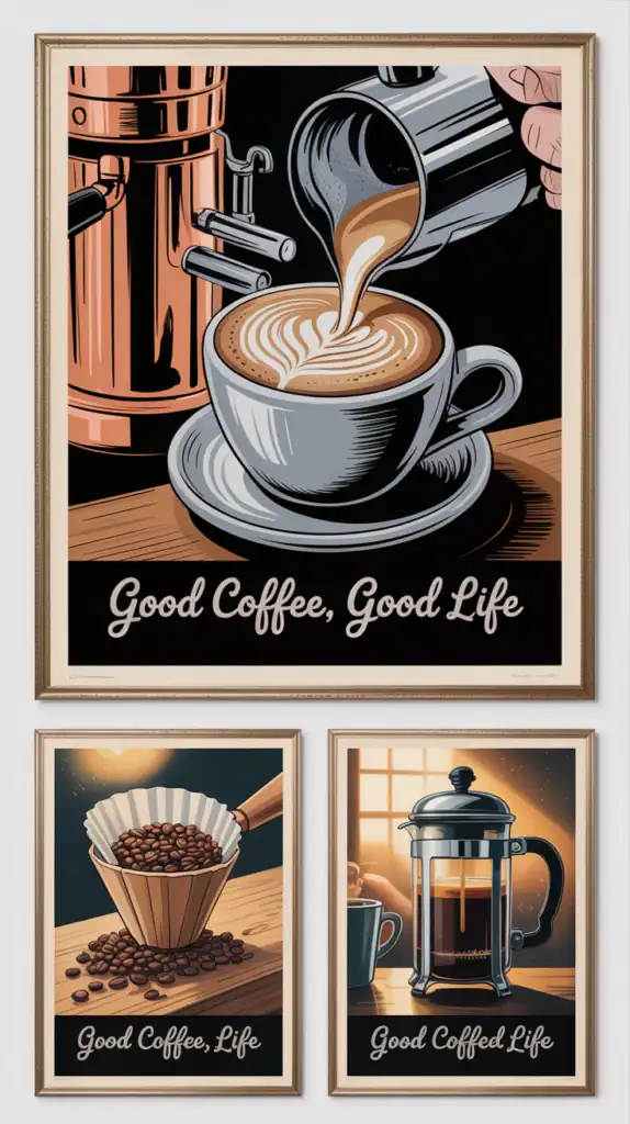 Coffee-themed art print set for coffee station wall decor