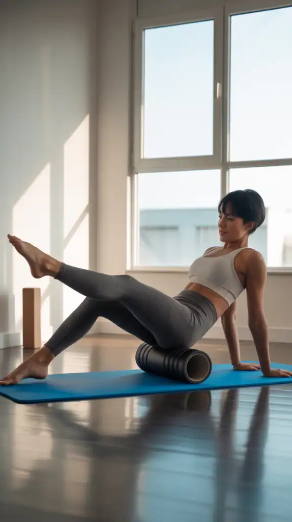 Person using foam roller on quadriceps with proper technique Person using foam roller on quadriceps with proper technique