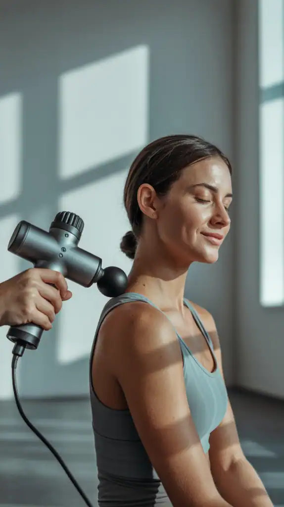 Person using massage gun on upper back muscles Person using massage gun on upper back muscles