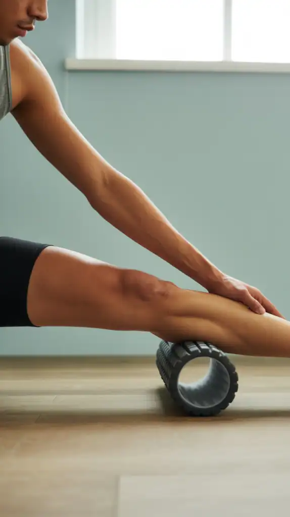 Person using foam roller on calf muscles with cross-friction technique Person using foam roller on calf muscles with cross-friction technique