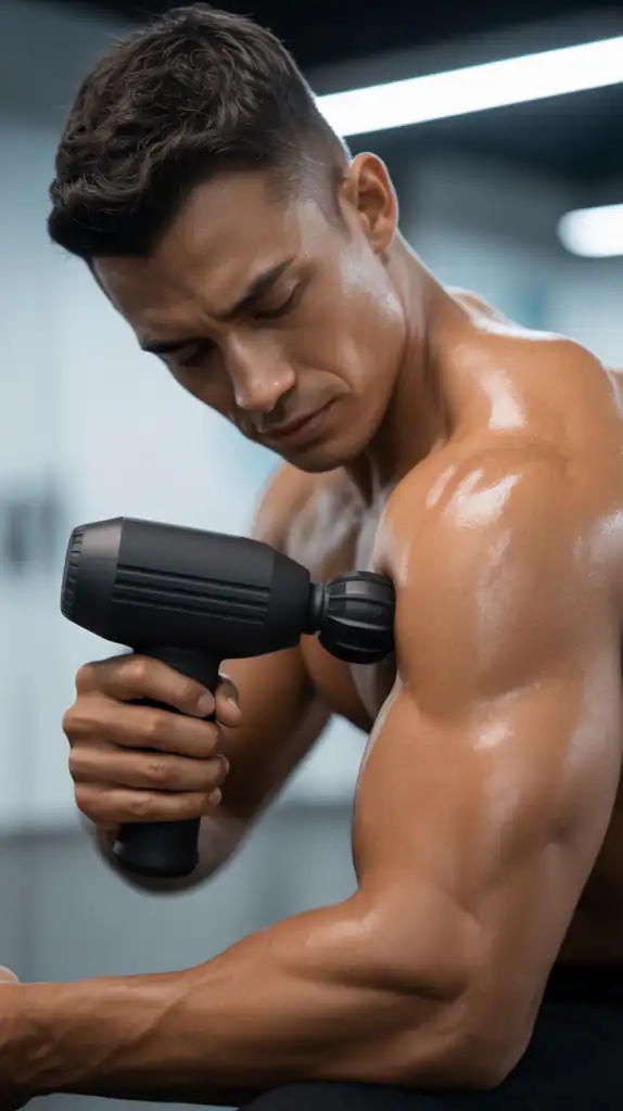 Person using massage gun on shoulder muscles Person using massage gun on shoulder muscles