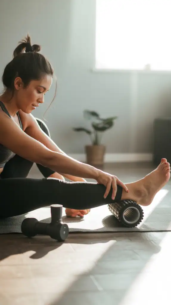Person using foam roller and massage gun on hamstrings Person using foam roller and massage gun on hamstrings