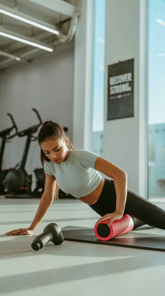Person performing a full-body recovery circuit with both tools Person performing a full-body recovery circuit with foam rolling and massage gun