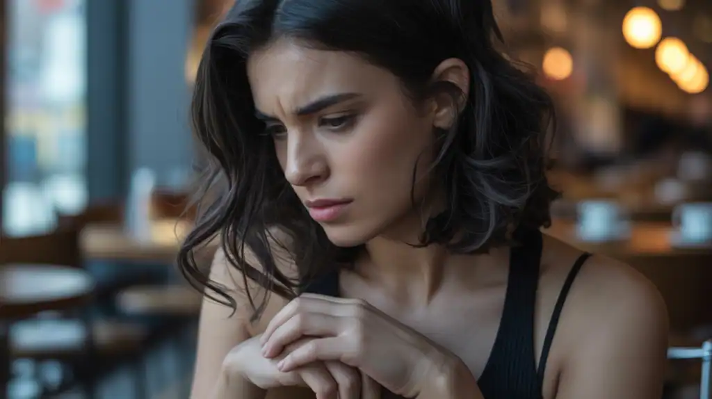 A close-up shot of a person's face and upper body, their expression subtly conveying a sense of jealousy. The lighting is soft and natural, illuminating the subject's features and body language. The background is blurred, keeping the focus on the individual's face and subtle cues like narrowed eyes, a slight frown, and tensed shoulders. The overall mood is one of quiet unease, capturing the nuanced nature of jealousy behavior. The image aims to illustrate the "Subtle Triggers: Recognizing the Signs" section of the article on Psychology Today. A close-up shot of a person's face and upper body, their expression subtly conveying a sense of jealousy. The lighting is soft and natural, illuminating the subject's features and body language. The background is blurred, keeping the focus on the individual's face and subtle cues like narrowed eyes, a slight frown, and tensed shoulders. The overall mood is one of quiet unease, capturing the nuanced nature of jealousy behavior. The image aims to illustrate the "Subtle Triggers: Recognizing the Signs" section of the article on Psychology Today.