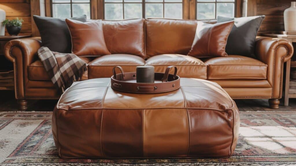 Leather accents in a living room with cozy cabin aesthetic including ottoman and pillows