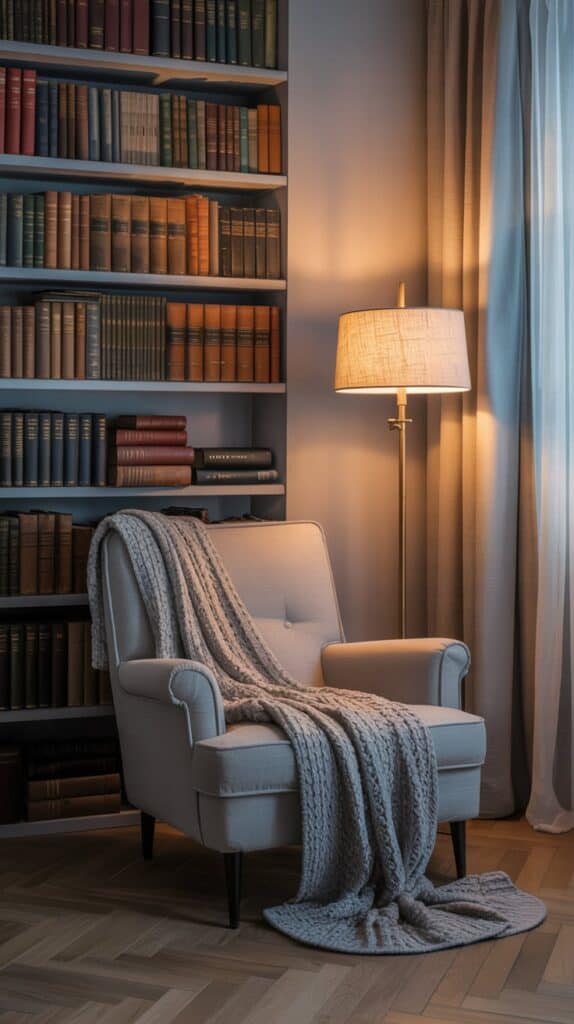 Cozy Stockholm reading nook with a gray chair, floor lamp, and bookshelf in a bedroom