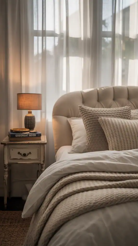 A bedroom with soft, sheer curtains allowing natural light to filter in, creating a cozy atmosphere.