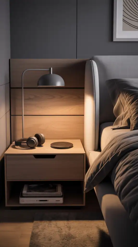 A modern bedroom with a minimalist design, featuring a bedside table with a lamp, headphones, and a wireless charging pad.