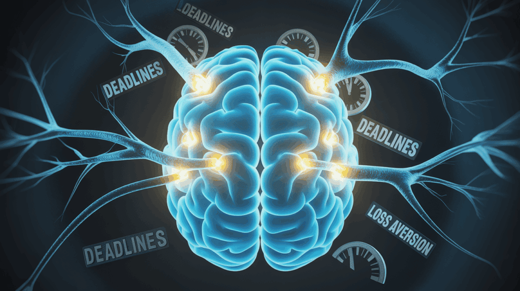 Digital illustration of a glowing blue human brain with visible neural pathways, clock gears, and text fragments symbolizing mental pressure and time stress