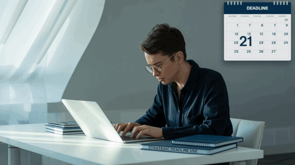 Focused person working on a laptop in a minimalist office, with notebooks labeled “Strategic Deadline Use” and a lit calendar highlighting time management and productivity