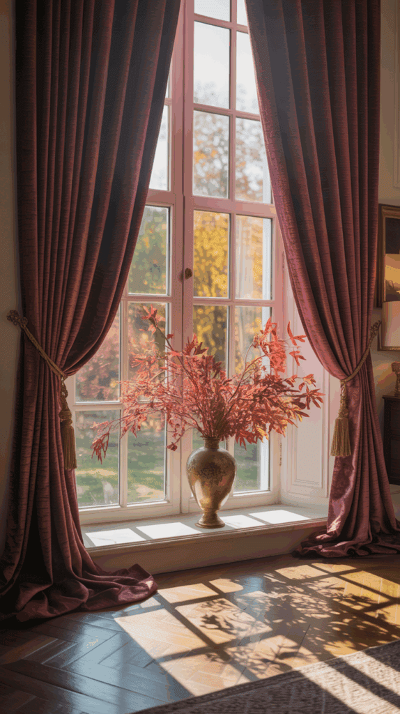 Bedroom window with rich burgundy velvet curtains filtering golden autumn light