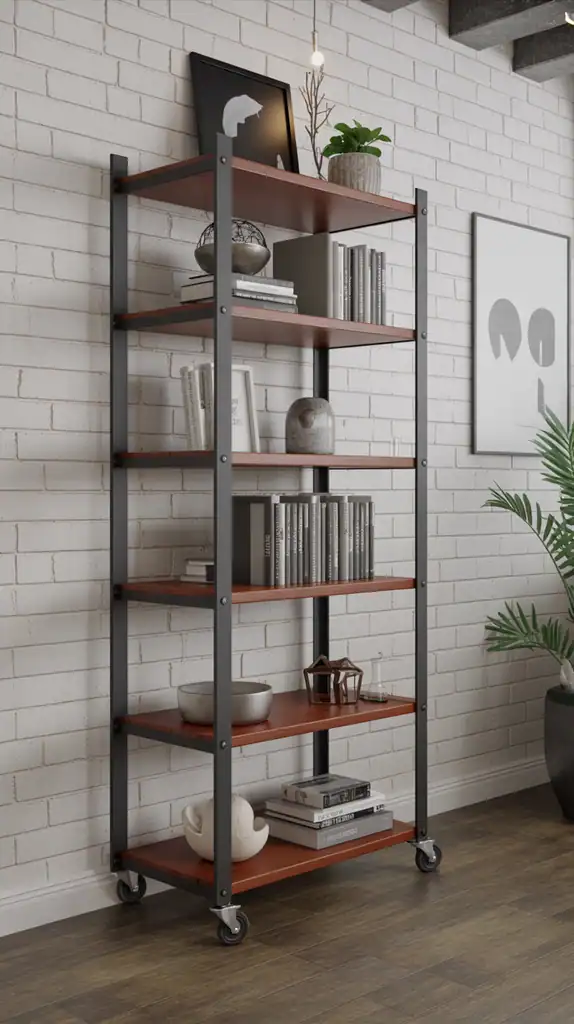 Industrial-style rolling bookcase with wheels, metal frame, and wooden shelves in a loft space