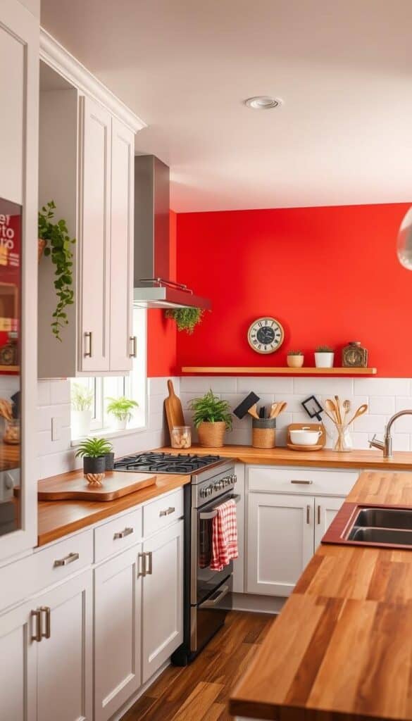 Kitchen with a bright coral accent wall and white cabinets showing a colorful kitchen idea Kitchen with a bright coral accent wall and white cabinets showing a colorful kitchen idea