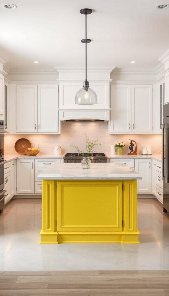 Kitchen with a bright yellow island and white cabinets showing a colorful kitchen idea with accent island Kitchen with a bright yellow island and white cabinets showing a colorful kitchen idea with accent island