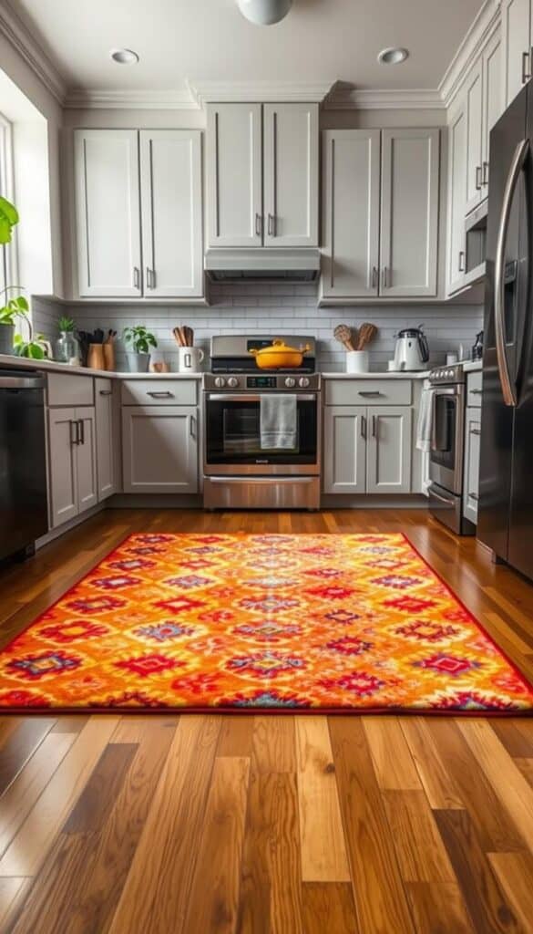 Kitchen with a colorful patterned rug on wooden floors showing a colorful kitchen idea with textiles Kitchen with a colorful patterned rug on wooden floors showing a colorful kitchen idea with textiles