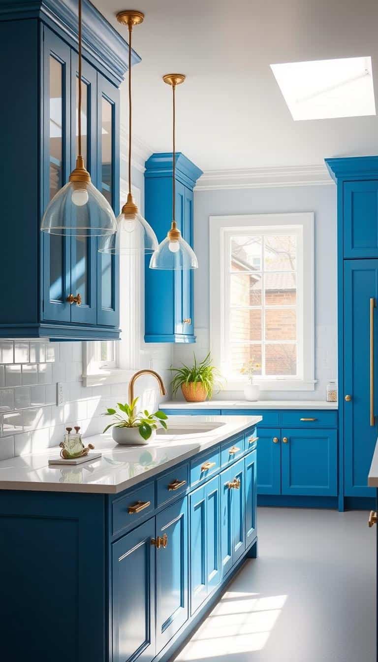 Kitchen with bright blue cabinets and white countertops, showing a colorful kitchen idea with bold cabinet color