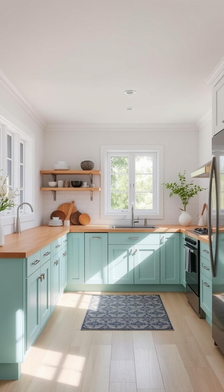 Kitchen with seafoam green lower cabinets and white upper walls creating a balanced, coastal-inspired space that doesn't overwhelm