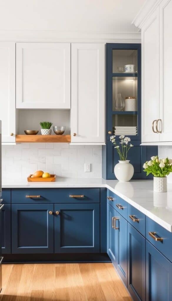 Kitchen with two-tone cabinets featuring darker lower cabinets and lighter upper cabinets creating depth without overwhelming the space