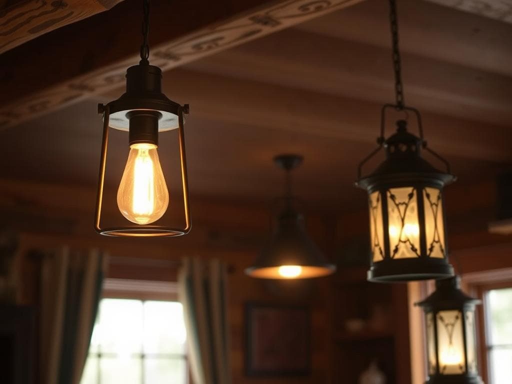 Lantern-style lighting fixtures creating warm ambiance in a cozy cabin aesthetic room