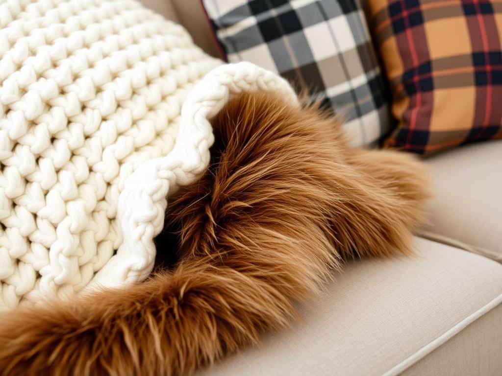 Layered faux fur throws and chunky knit blankets on a couch creating cozy cabin aesthetic