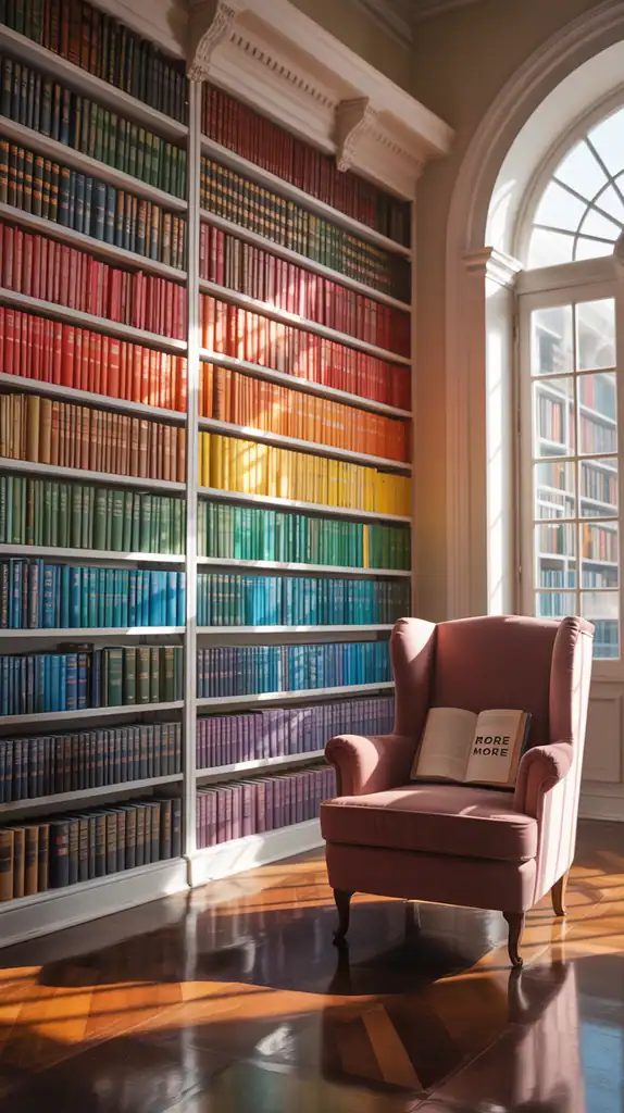 Library with books arranged by color creating a rainbow effect across white shelves