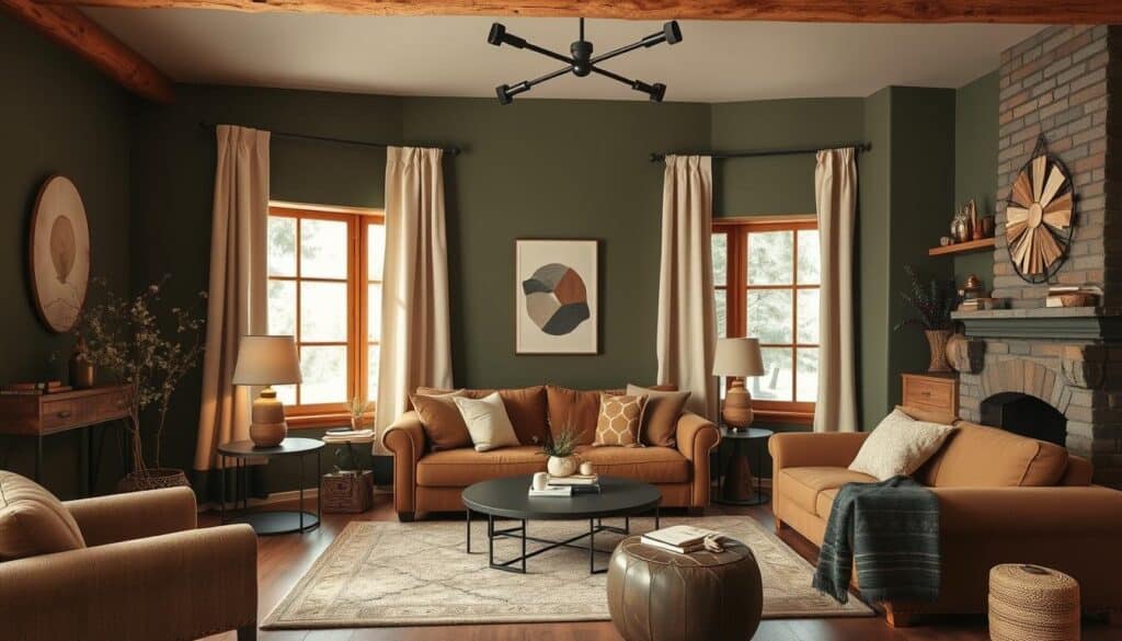 Living room with earthy color palette showcasing cozy cabin aesthetic with moss green, clay, and warm browns