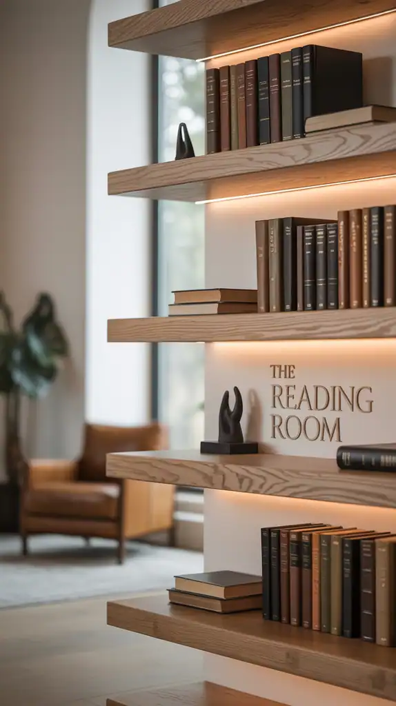 Modern library with floating wooden shelves arranged in an artistic pattern against a light wall
