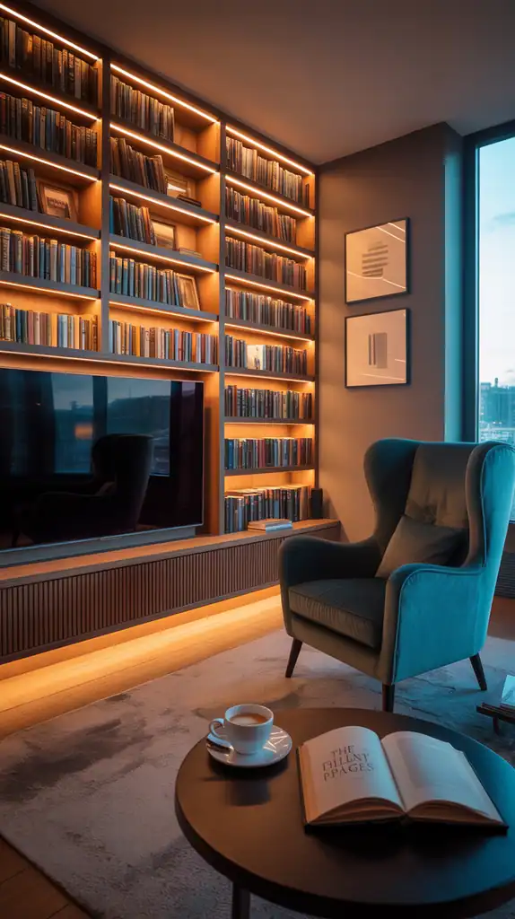 Modern library with television integrated into bookshelves, comfortable seating, and ambient lighting
