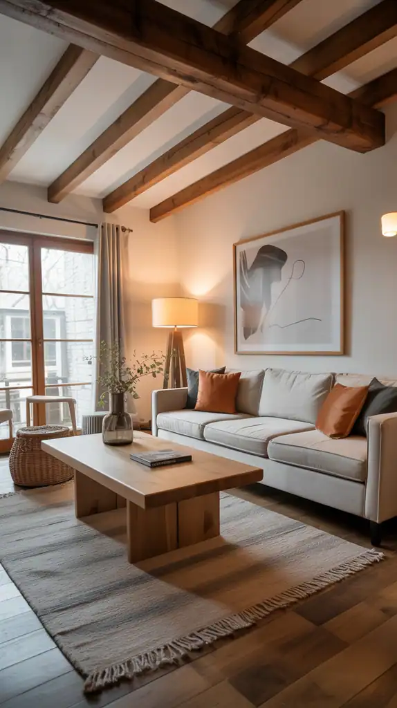 Modern rustic living room with exposed wooden beams and natural wood furniture